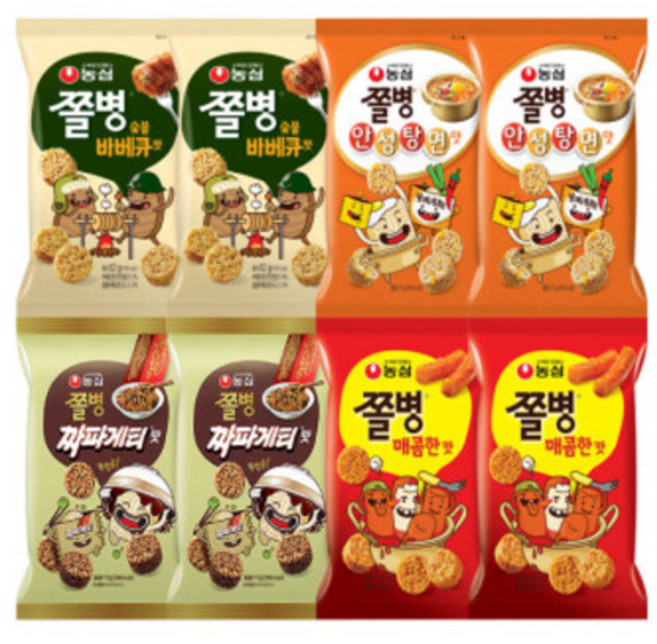 스타배송농심 쫄병스낵 숯불바베큐 x2 +매콤한맛 +안성탕면 +짜파게티 / 스낵 세트, 77g, 1세트