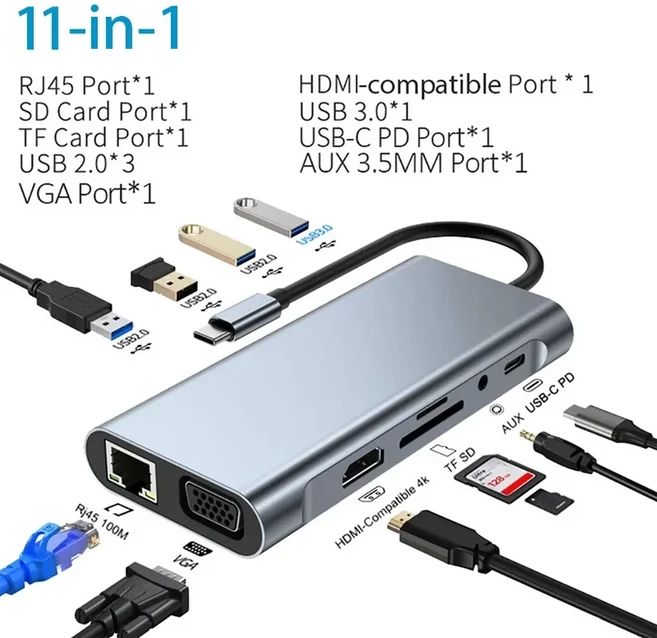 USB C 허브 유형 분배기 Thunderbolt 3 도킹 스테이션 노트북 어댑터(Macbook Air M1 iPad Pro 포함), 07 11-in-1, 1