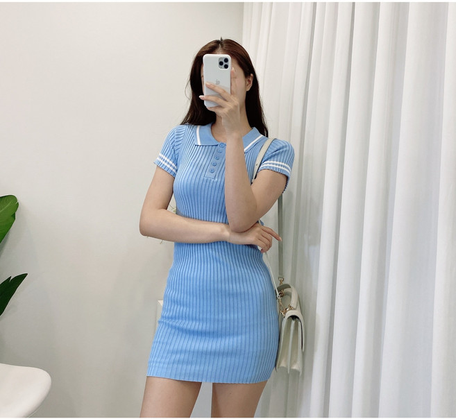 여름 배색 카라 pk 원피스 골지 피케이 미니 원피스