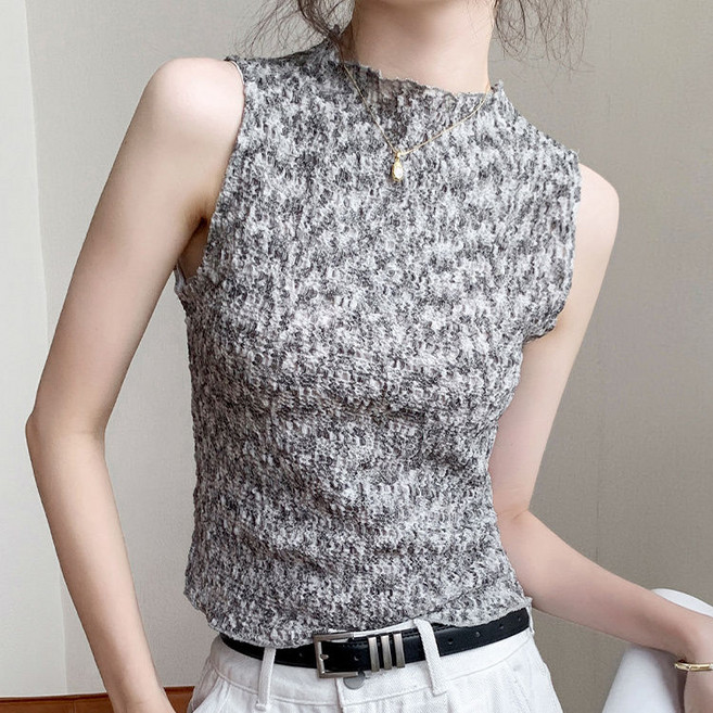 여성 여름 목폴라티 캐주얼 슬림핏 민소매 반폴라티 프렌치 빅사이즈 여자 반팔 반폴라티 숏 상의 YJW