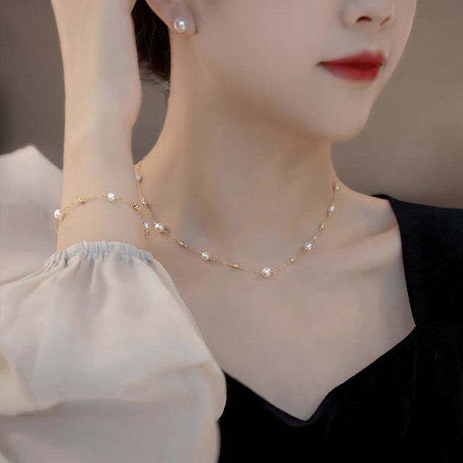 FANSYLI 진주 목걸이 팔찌 세트 여성 데일리 심플 체인 목걸이 팔찌 투피스 데일리 심플 진주 주얼리 2p 세트 W2503M16