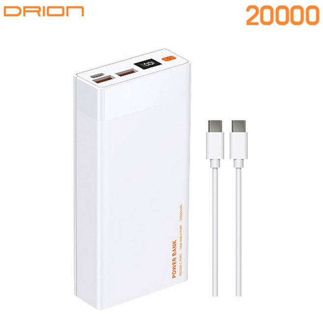드리온 D-PD20W-20000 LCD PD20W 20000mAh 고속 보조배터리 C타입 케이블포함 USB2포트 C타입 1포트, 블랙, 블랙