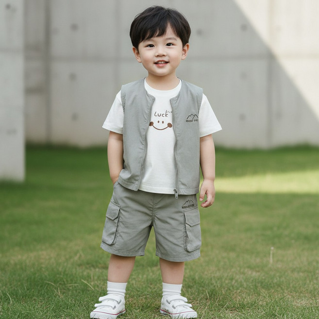 몽실이 조끼셋업 반팔상하복 아동 반팔 상하세트 유아 여름 코디 키즈 조끼 세트 남아 여름 상하복 카고 반바지 세트 어린이 데일리룩