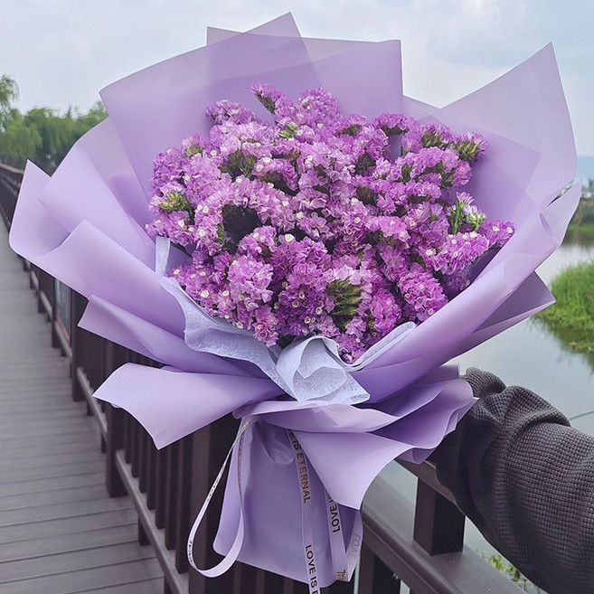 創意干花花束成品大束 母親節禮物送媽媽送閨蜜, 1個, 勿忘我-淺紫創意花束+禮品袋+燈串+許愿瓶