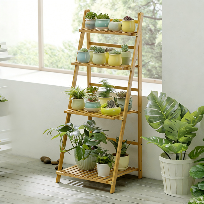 쿠리브 원목색 화분받침대 화분 정리대 다용도 수납선반, 4단, 원목 50cm