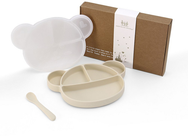 Miracle baby 유아용 실리콘 흡착 식판+ 스푼 선물세트, 갈색