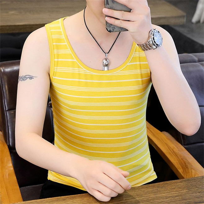 TKX 남성 스트라이프 민소매 티셔츠 여름 신축성 캐주얼 스포츠 탑 민소매 베이직