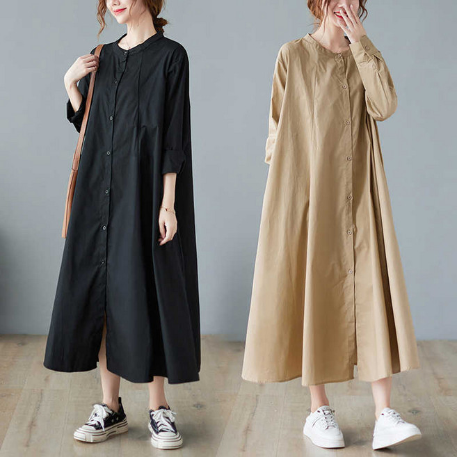 (25년 신상) 빅사이즈 여성 셔츠형 찰랑 날씬해보이는 긴 원피스 여름 편한 박스 셔링 단아한 매력 클래식 디자인 모던 핏 예쁜 주머니있는 외출용 캐쥬얼 심플 a라인 스커트 원피스