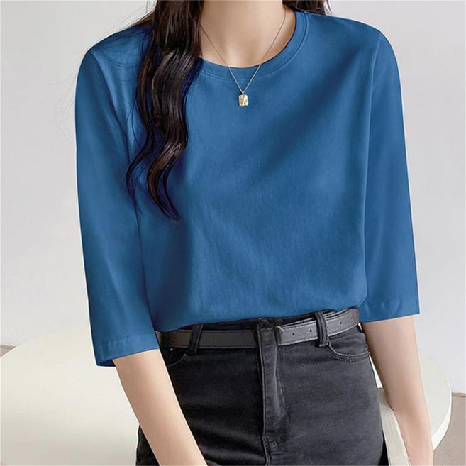 Vezri 여성용 기본 면 반팔 티셔츠 봄 여름 가을 솔리드 컬러 7부 소매 티셔츠
