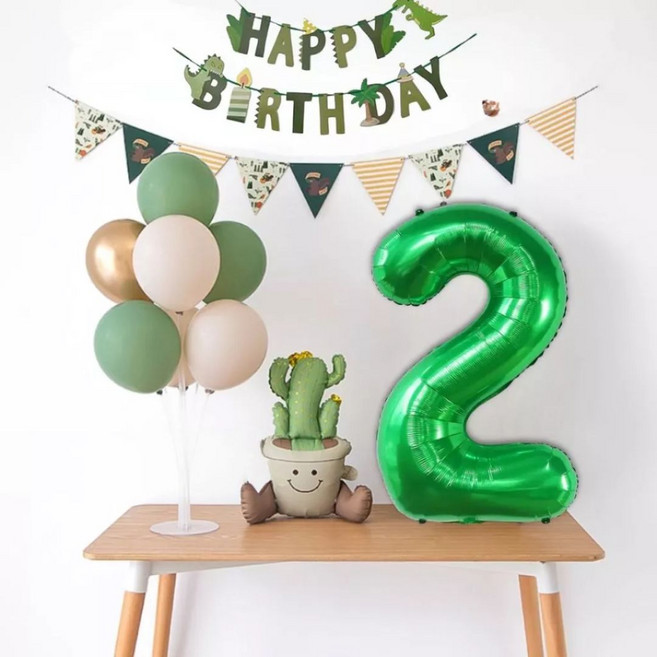 恐龍主題生日派對裝飾組 數字2 鋁箔氣球 生日快樂橫幅, 綠色生日數字2, 1個
