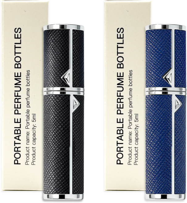 [1+1] 셀벨 프리미엄 천연 가죽 향수케이스 휴대용 펌핑 자동 하단 충전 리필 향수공병 5ml, 1개, 블랙 + 네이비