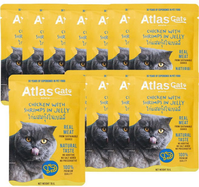 아틀라스 캣 고양이 파우치 간식, 70g, 12개, 닭고기&새우 젤리