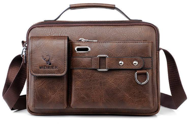WEIXIER 男士皮革商務休閒斜背包 大容量側背包, D234深棕色