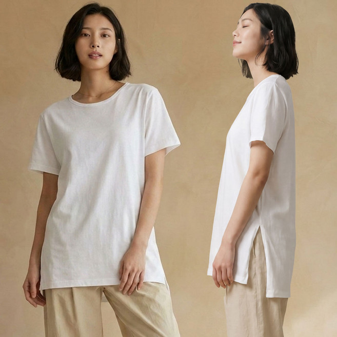 여성의류 빅사이즈 루즈핏 롱 레이어드 옆트임 이너 오버핏 유넥 티셔츠