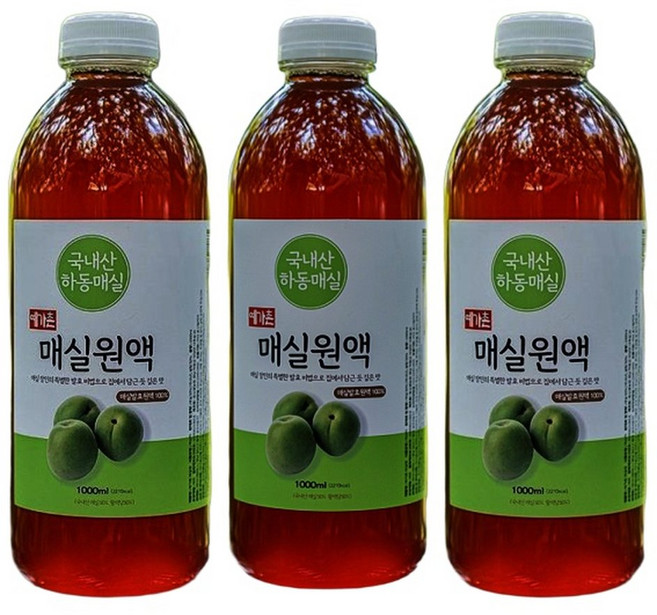 예가촌 매실청 매실원액 매실액기스 진하게 숙성한 매실 발효액 1000ml 3병 액상과당 무첨가 초, 3개, 1L