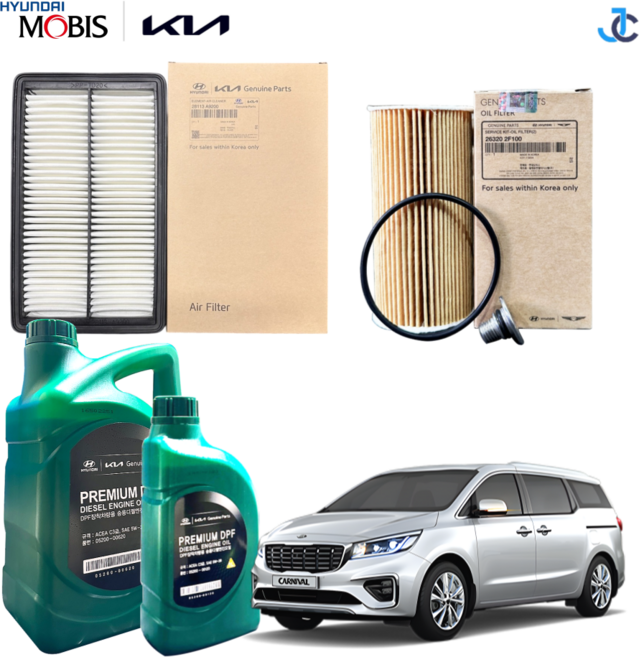 기아 순정품 올뉴 더뉴 카니발 YP(2014년~2021년) 2.2디젤 엔진오일세트 1대분, 1세트, 더뉴카니발 2.2 디젤 C3급 5W-30