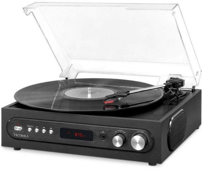 빅트롤라 3in1 턴테이블 – 3단속도 33 13 45 78 RPM 블루투스 레코드 플레이어 FM 라디오 내장 스테레오 스피커 35mm AUX 입력 RCA 출력 무선 음악 스트, 검정