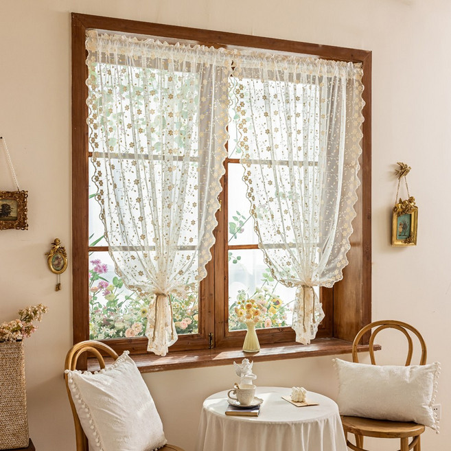 꽃 자수 레이스 인테리어 커튼 2장