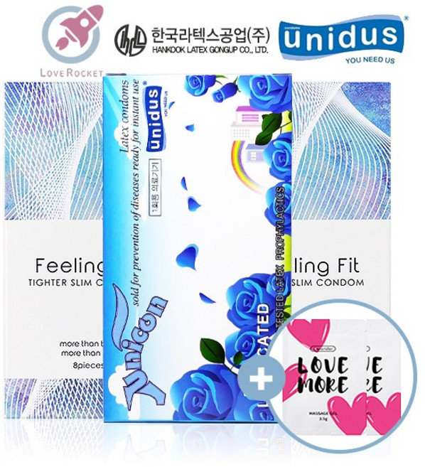 슬림 콘돔 세트 49mm 3박스 (한국라텍스 필링핏 타이터슬림 8px2박스+유니더스 유니콘 10p) +러브모아 젤(2p), 1세트, 26개입