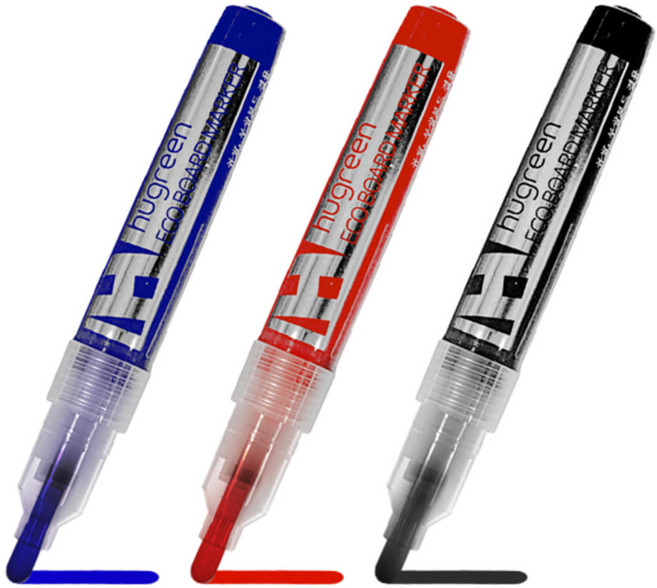 휴그린 에코 화이트 보드 마카 3색/물백묵 펜 마카 4색 휘발성 냄새 없고 잔상 없이 깔끔하게 지워지는 생잉크, 블랙, 1개입