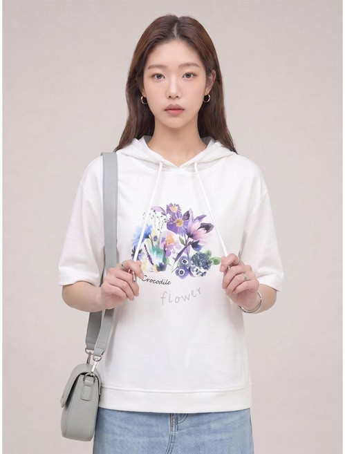 크로커다일레이디 아이보리 플라워 프린팅 메쉬소매 반팔 후드티셔츠 CLCMTS124