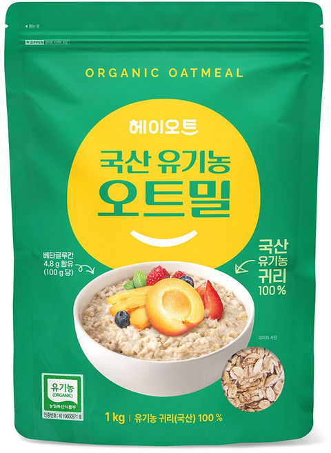 헤이오트 국산 유기농 오트밀 귀리 롤드오트, 1개, 1kg