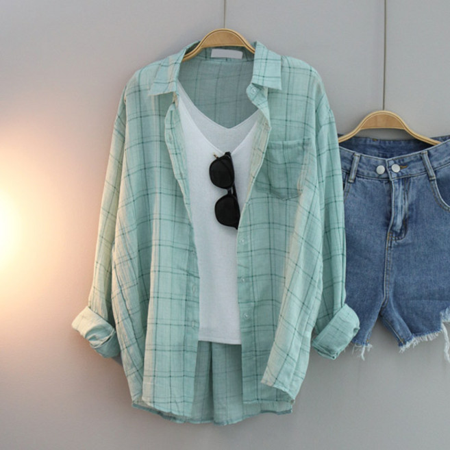 달콩 여성 카라셔츠 남방 마인체크거즈롤업셔츠 루즈핏