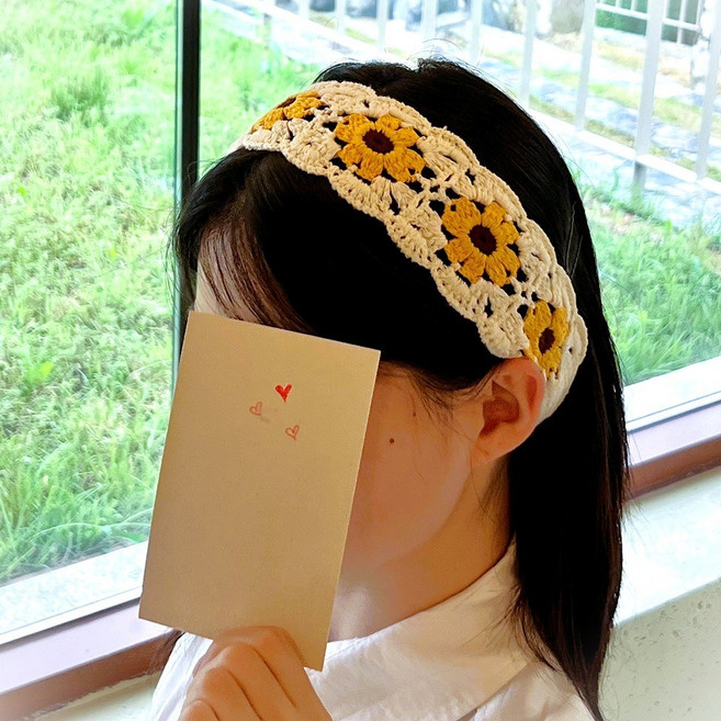 옥이딸 플라워 니트 끈 두건 반다나 헤어밴드