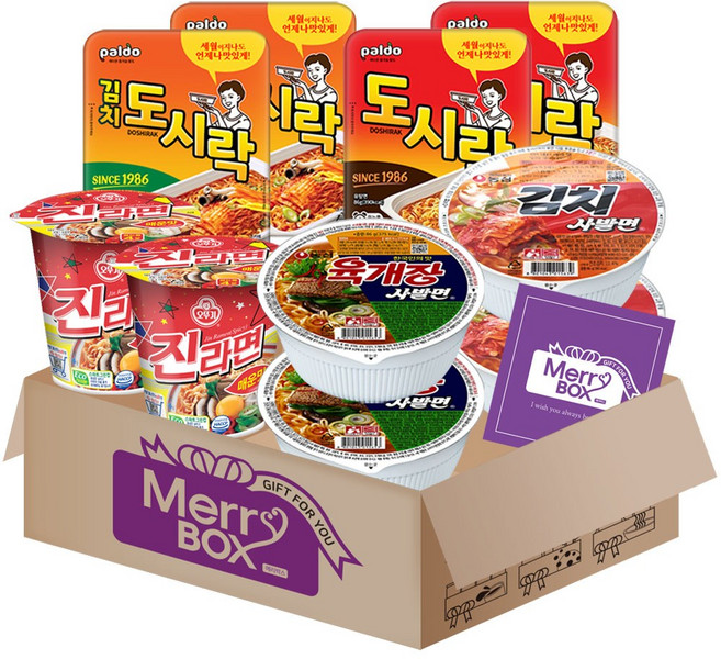 [메리박스] 소컵라면 10개{김치도시락+도시락+진라면매운맛+육개장사발면+김치사발면}+메세지카드, 1박스
