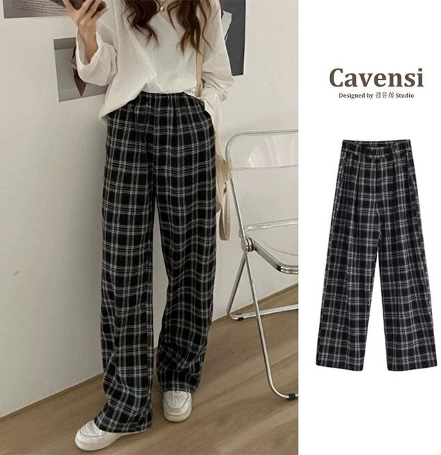 Cavensi 寬鬆顯瘦格紋褲