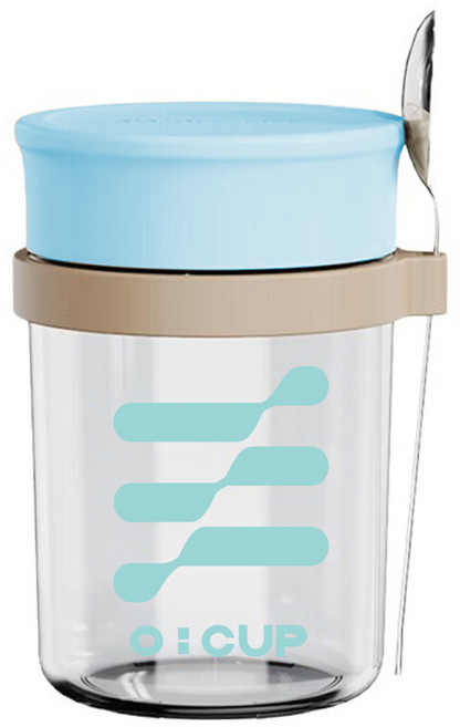 O:CUP 燕麥杯 便攜式附湯匙透明杯身, 藍色450ml, 1個