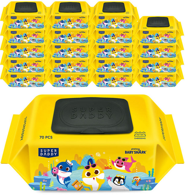 슈퍼대디 유아용 아기상어 엠보싱 물티슈 캡형 옐로우, 70g, 70매, 20개