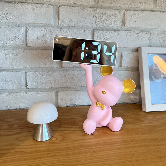 플랜와이 곰돌이 LED 시계 인테리어 트레이 악세사리 소품 보관함 집들이 선물, 핑크