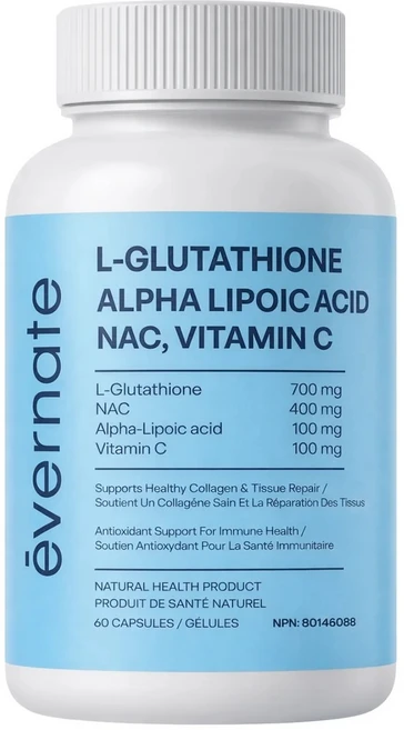 에버네이트 글루타치온 NAC ALA 비타민C Evernate L-Glutathione NAC ALA Vitamin C 항산화 컨디션 이너뷰티 영양 보조식 [캐나다 소싱 및 직배송], 1개, 60정 - 쿠팡