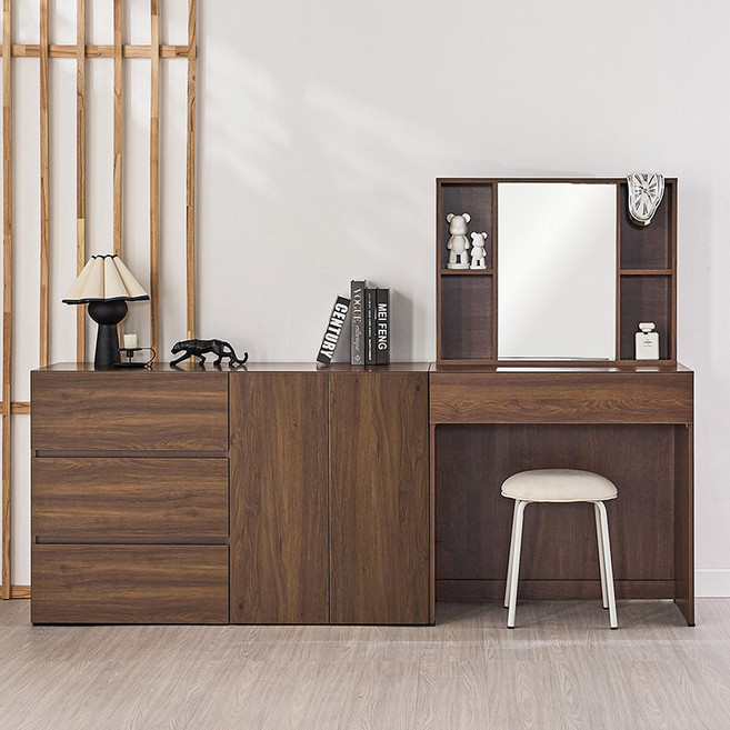 사월의가구 화장대 수납형 콘솔 화장대 세트 (거울포함) 스퀘어 입식 화장대 1200 2도어 3단 서랍장 세트, 월넛브라운(1200 2도어 서랍장 포함)