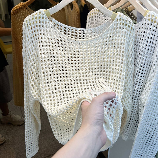 여자 긴팔 티셔츠 봄 여름 망사 자외선 차단 긴팔 니트티 패션 여자 얇은 긴팔티 YCY