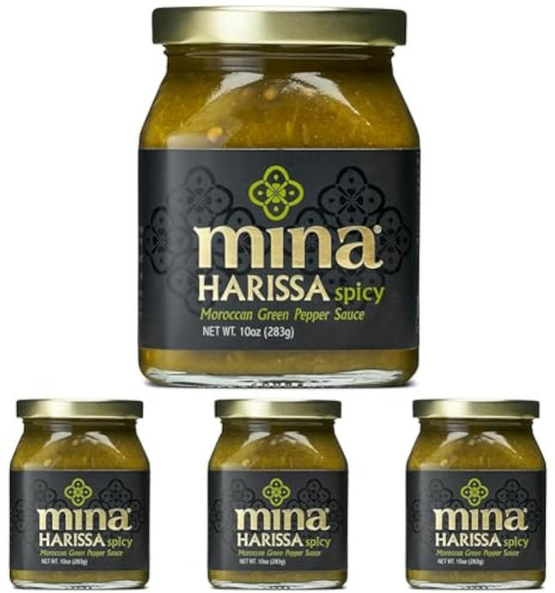 미나 하리사 그린 핫 소스 10온스 홈스타일 모로코 칠리 마늘 모든 요리에 매운맛을 내는 새로운 살사 베르데 소스는 어떤 요리나 딥 앤 스프레드로도 완벽합니다, 10 Ounce (Pack of 4)