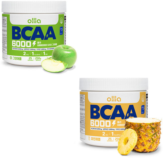 [1+1] 올라 BCAA 6000 맛있는 아미노산 보충제, 그린애플파인애플, 2개, 250g