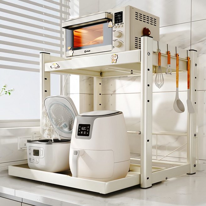 GOOD MOMENT 전자 렌지대 주방 슬라이딩 선반 2단 선반 레인지 수납장 밥솥 수납선반 레일선반 수납장, 화이트