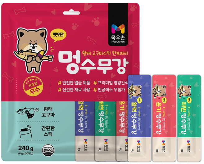 목우촌 펫9단 멍수무강 강아지 짜먹는 양갱 스틱 황태 고구마 영양 간식 유산균 10st / 피부 10st / 면역력 10st, 1개, 240g, 혼합맛(황태/고구마)