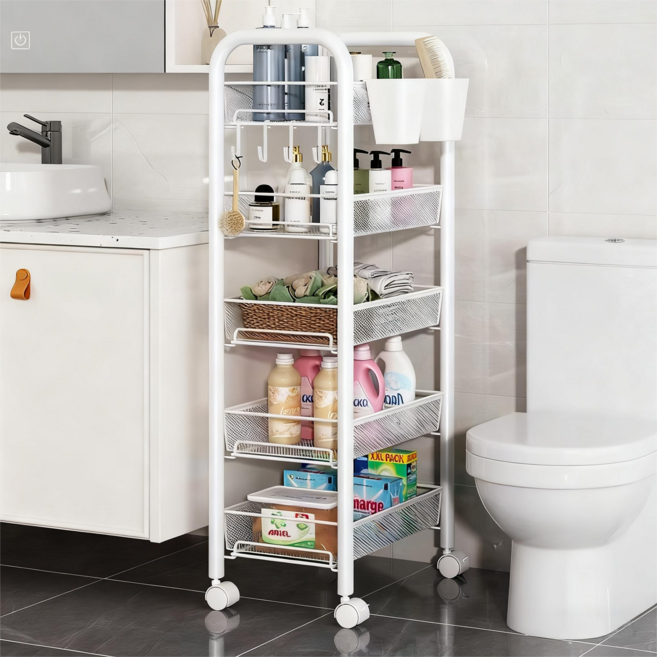 BangPang 철제 트롤리 이동식 트롤리 5단 틈새 트롤리 주방 카트, 흰색