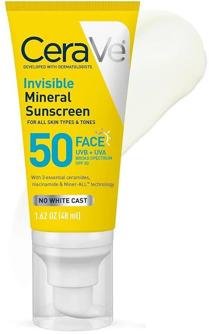 세라브 인비저블 미네랄 자외선 차단제 SPF 50 아연 산화물과 이산화티타늄 비타민 E + 나이아신아마이드 세라마이드 오일 프리 여행용 사이즈 1.62온스의 얼굴, CeraVe Invisible MINERAL 미네랄 자, 48ml - 쿠팡