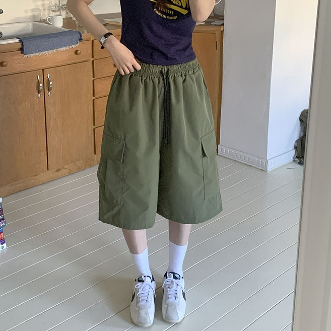 앤샵 [남녀공용/당일출고] 벨뷰 와이드 루즈핏 카고 밴딩 버뮤다 팬츠 (4color)