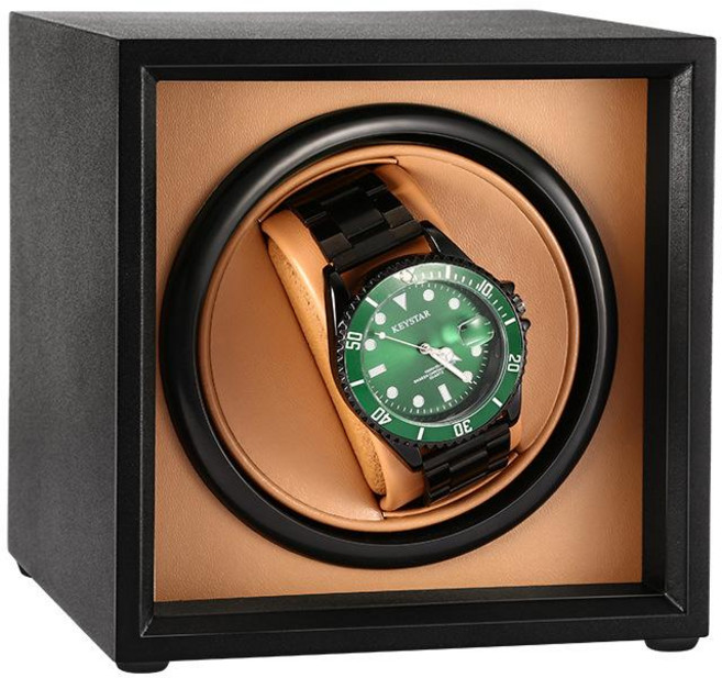(본토출하) KORELAN 워치와인더 원목 시계보관함 오토매틱시계와인더 USB 무소음 자동 회전, 블랙+브라운, 블랙+브라운, 13.5cm, 블랙+브라운