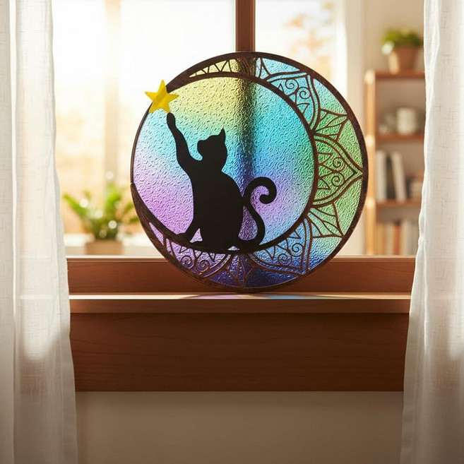 VEWOSTAR 30cm(11.8인치) 스테인드 글라스 창문 걸이식 원형 고양이 햇빛 캐처 별 수제 금속 프레임 선캐처 패널 벽 정원 장식용