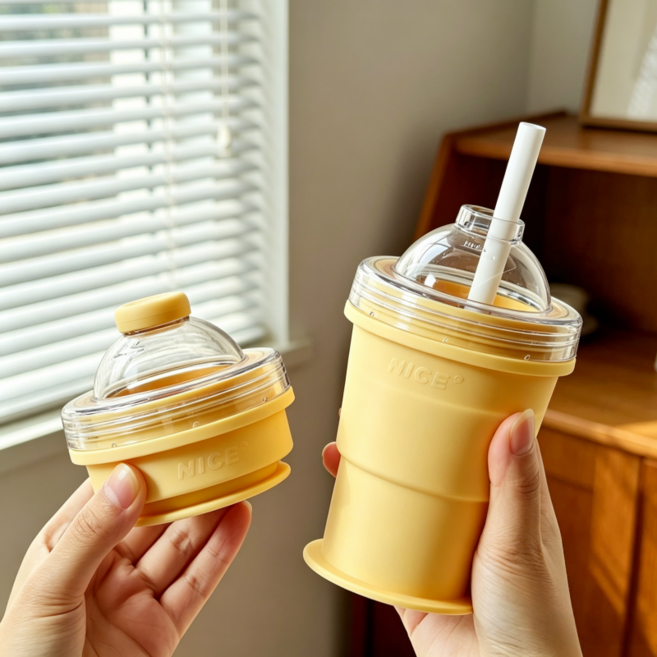 여름 실리콘 접이식 아이스하키 컵 가정용 하이볼 위스키 얼음틀휴대용 야외 빨대물병 325ml, 1개, 옐로우