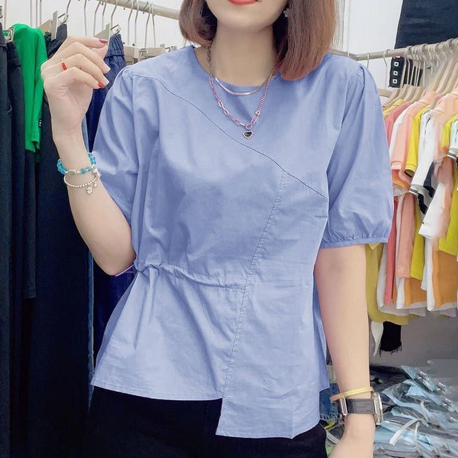 루스리더 여성 스트링 라운드넥 반소매 블라우스 ES86