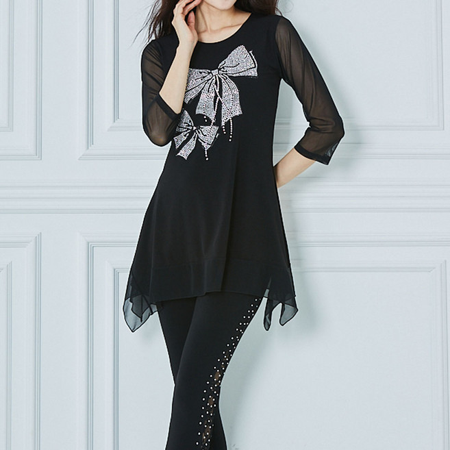 까르죠아 보석 리본 A라인 롱 블라우스 스포츠댄스복 티셔츠 7부 칠부소매 라인 줌바 차밍 롱댄스복 롱티셔츠 빅사이즈댄스복