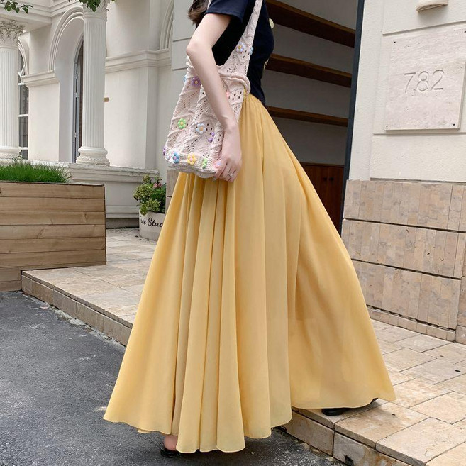雪紡長裙 半身裙女 夏季新款 高腰顯瘦長裙 百褶裙 垂感 大擺裙 雪紡半身裙 傘裙 涼感長裙 A字裙