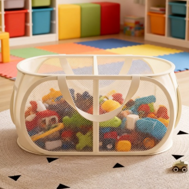 할라크 장난감 빨래함 메쉬 정리 칸막이 다용도 수납망, 1개, 베이지